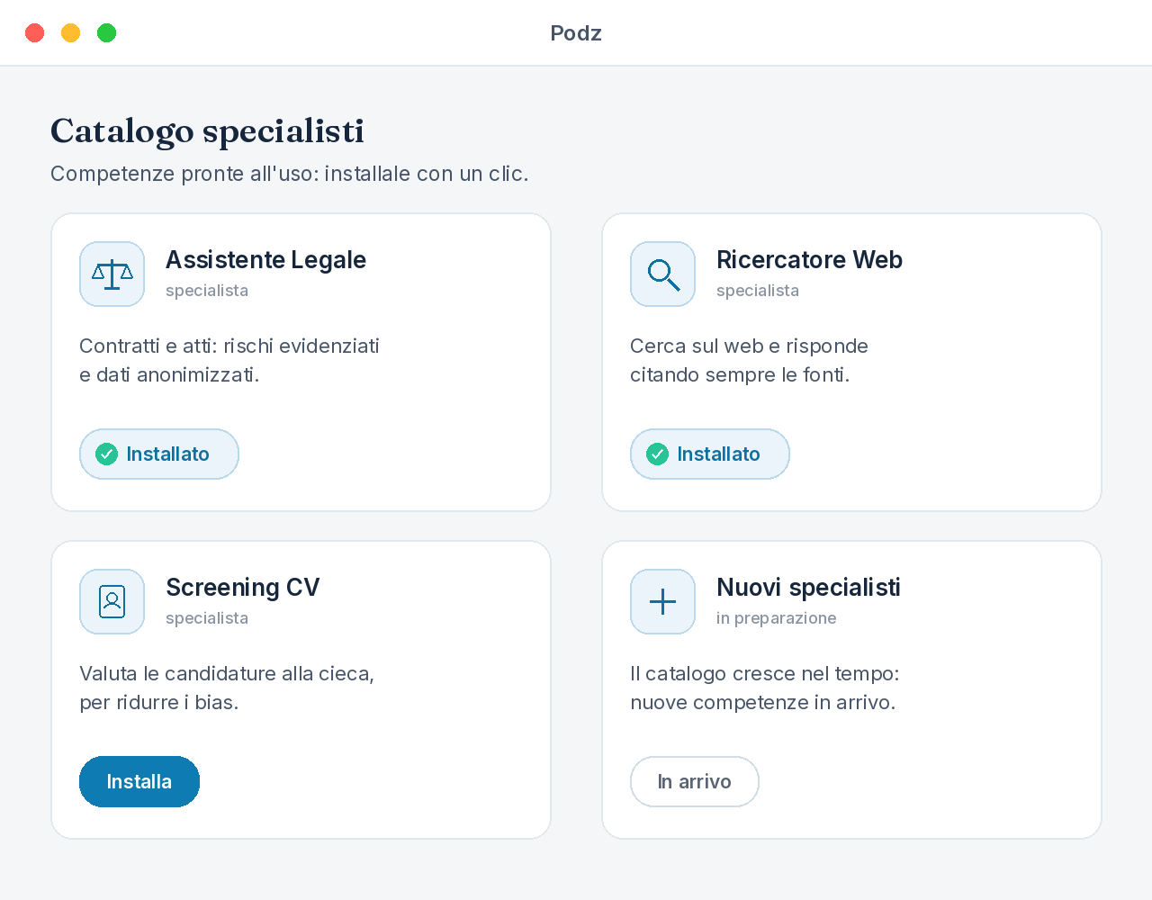 Il catalogo degli specialisti di Podz: Assistente Legale e Ricercatore Web installati, Screening CV con bottone Installa, nuovi specialisti in arrivo.