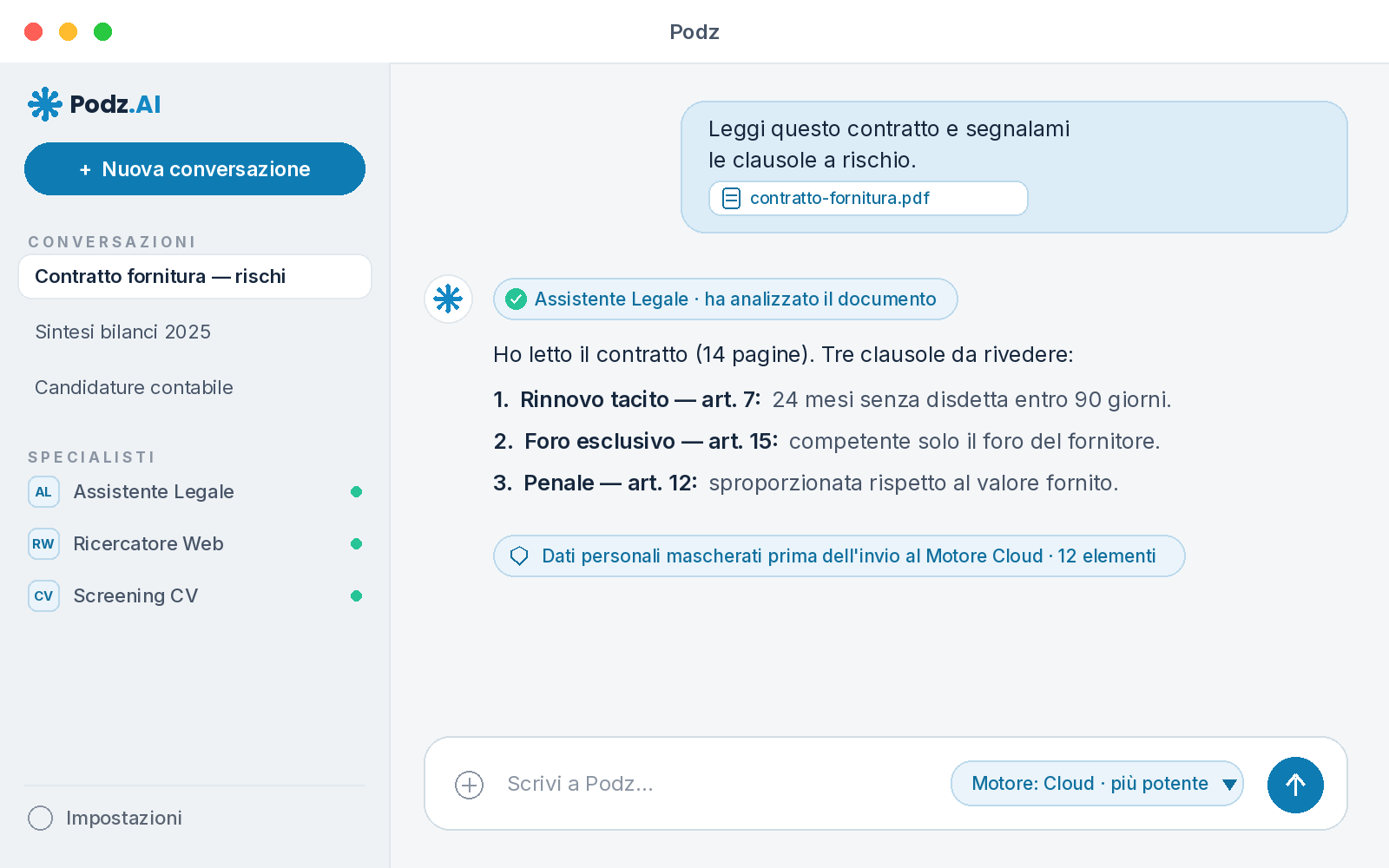 La chat di Podz: l'utente allega un contratto, Podz coinvolge l'Assistente Legale, elenca le clausole a rischio e mostra che i dati personali sono stati mascherati prima dell'invio al Motore Cloud.